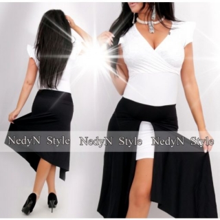 Dámske biele šaty s čiernou volánovou sukňou